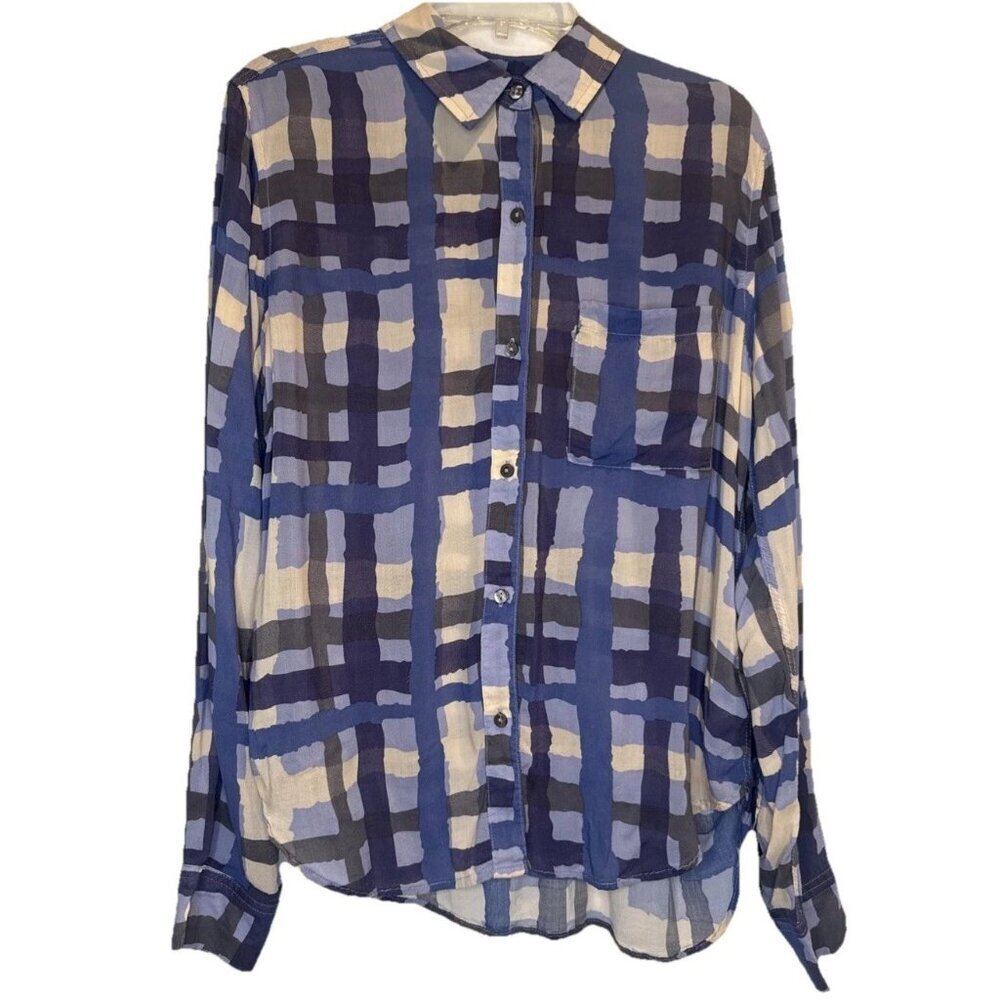 Rails Women’s Josephine Navy Watercolor Plaid Button Up Rayon Blouse Top Sz XS